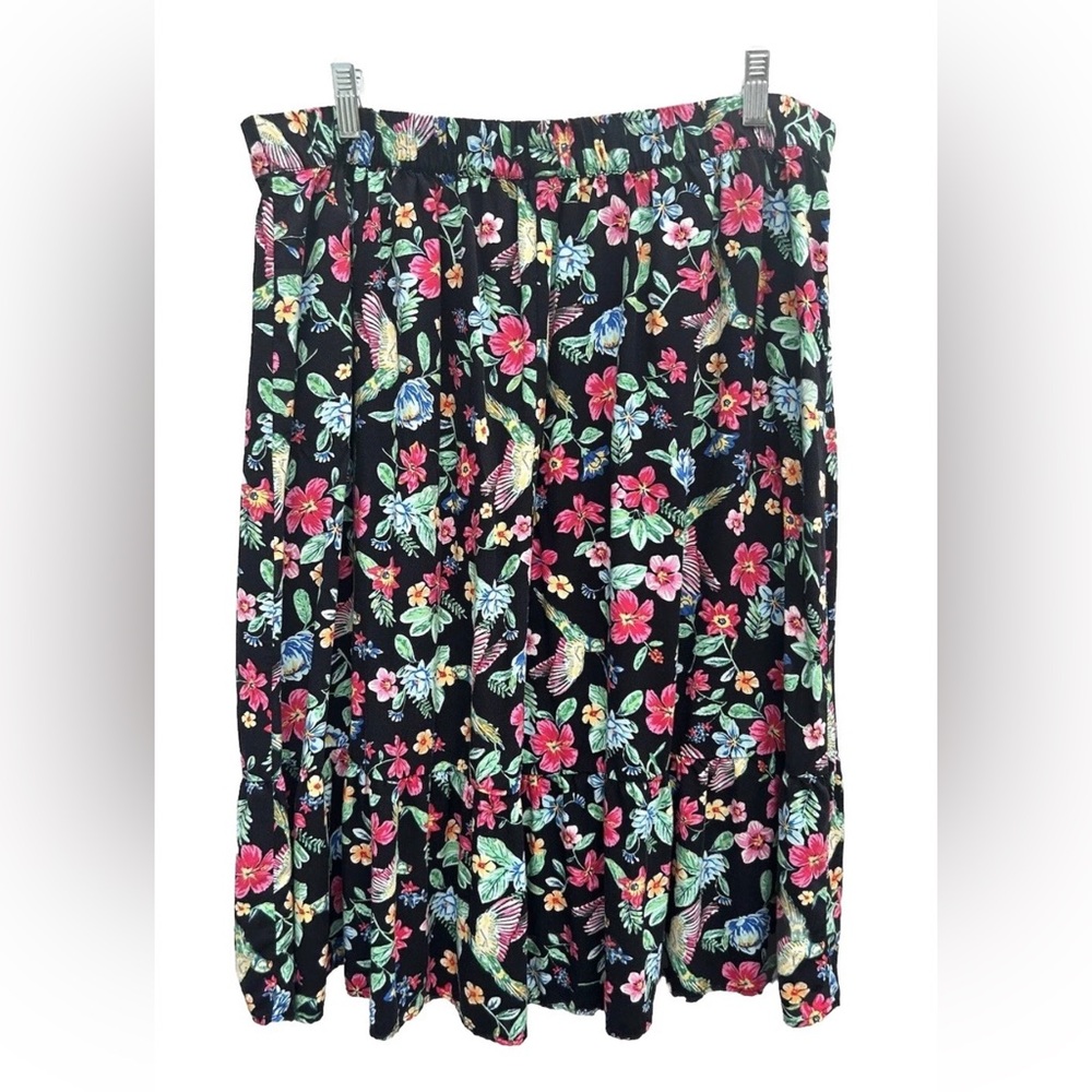 Old Navy Skirt Women L Floral Bird Print Pull On MIDI Black Multi Tropical